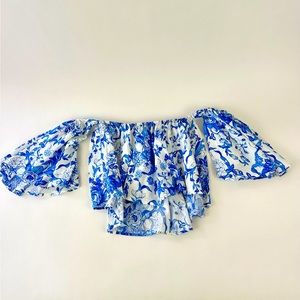 Zara blue and white floral off the shoulder top. Size M